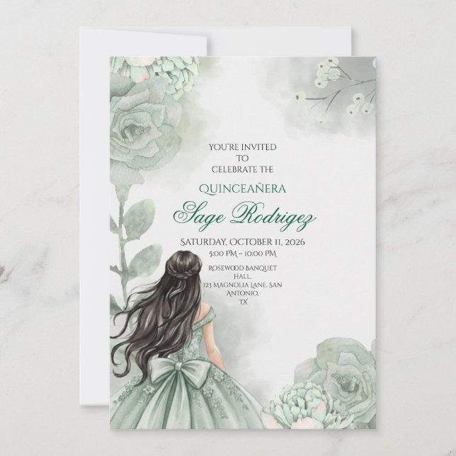 Invitation Editable Sage Green Quinceañera (Devant)