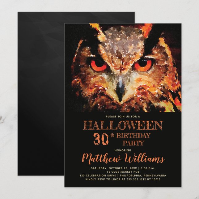 Invitation Eerie Night Owl Halloween 30e Anniversaire Fête In (Devant / Derrière)