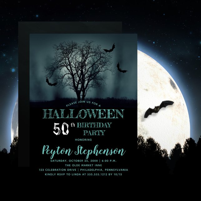 Invitation Eerie Tree Bats Halloween 50ème anniversaire fête (Beware the erie creepy, spooky night with bats -- Halloween-themed 50th Birthday Party design.  )