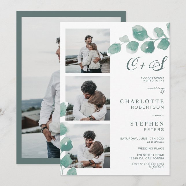 Invitation Eeucalyptus vert initiales florales photos mariage (Devant / Derrière)