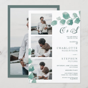 Invitation Eeucalyptus vert initiales florales photos mariage