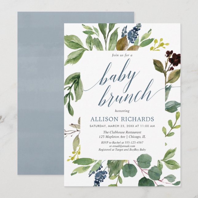 Invitation Eeucalyptus vert sexe neutre brunch bébé (Devant / Derrière)