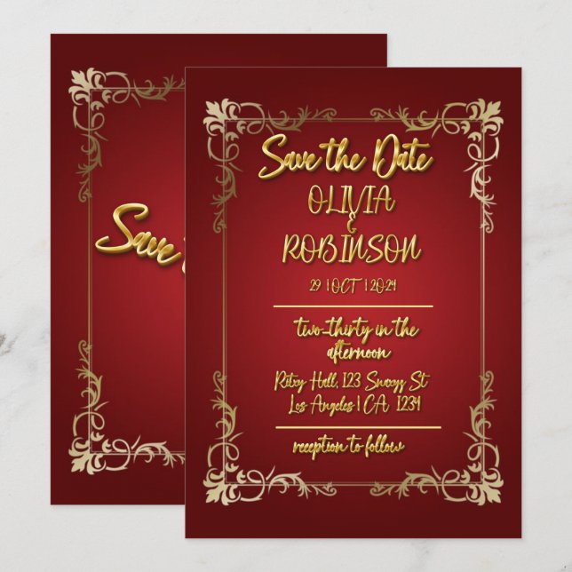 Invitation  Effet de texte 3D Burgundy et Or Économisez la da (Devant / Derrière)
