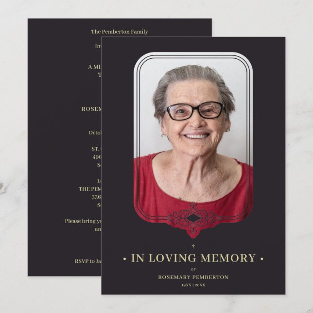 Invitation Effet dentelle ornementale noir funéraire (Devant / Derrière)