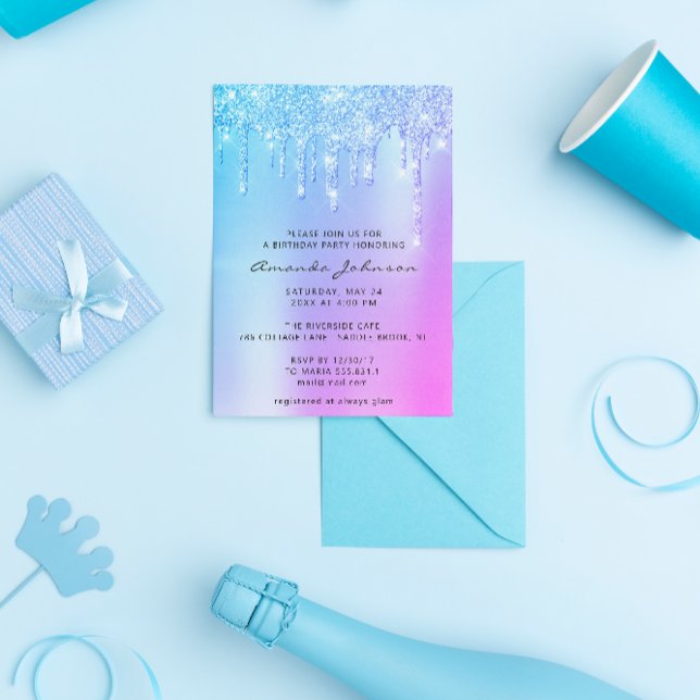 Invitation Effet Holographique Rose Bleu Paillettes Dégoulina (Créateur téléchargé)