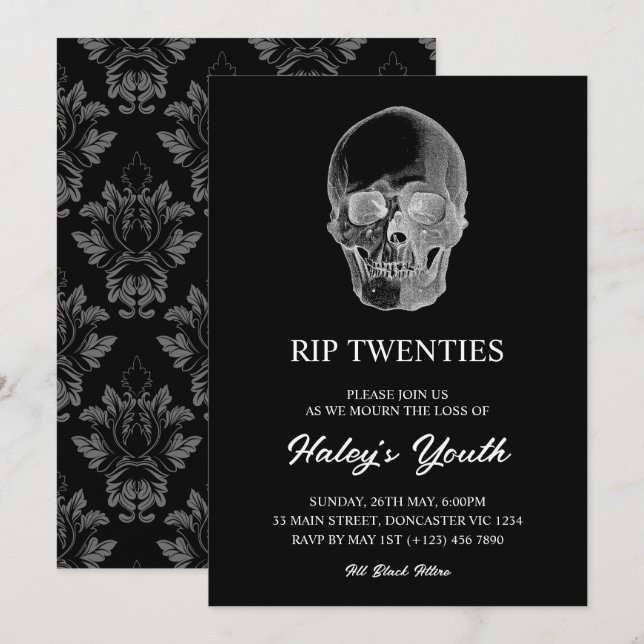 Invitation Éffrayant crâne RIP Années 20's Funny 30e annivers (Devant / Derrière)