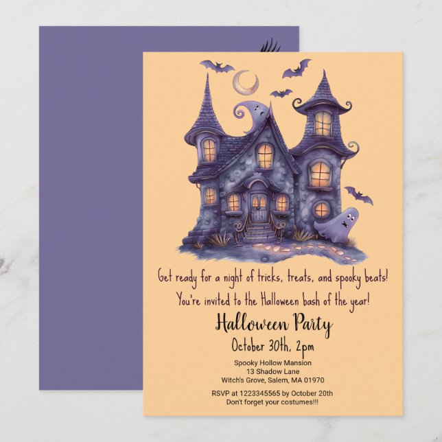 Invitation Éffrayant Haunted House Ghosts Bats Halloween Part (Devant / Derrière)