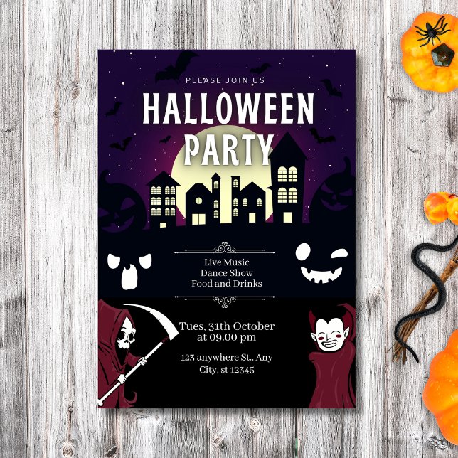 Invitation Éffrayant Haunted Village & Monsters Halloween Par (Spooky Haunted Village & Monsters Halloween Party Invitation
)