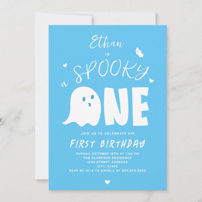 Invitation Éffrayant One Boys Blue Ghost Halloween 1er Annive (Devant)