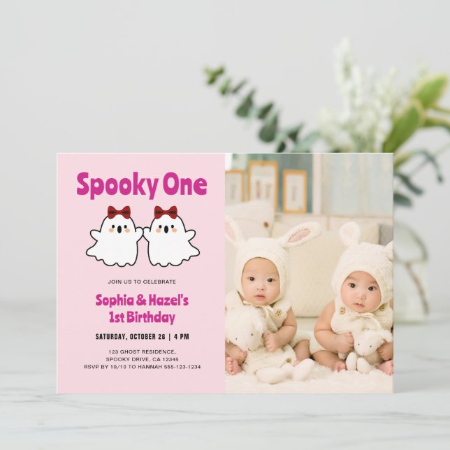Invitation Éffrayant One Cute Twin Girls 1er Anniversaire Pho (Debout devant)