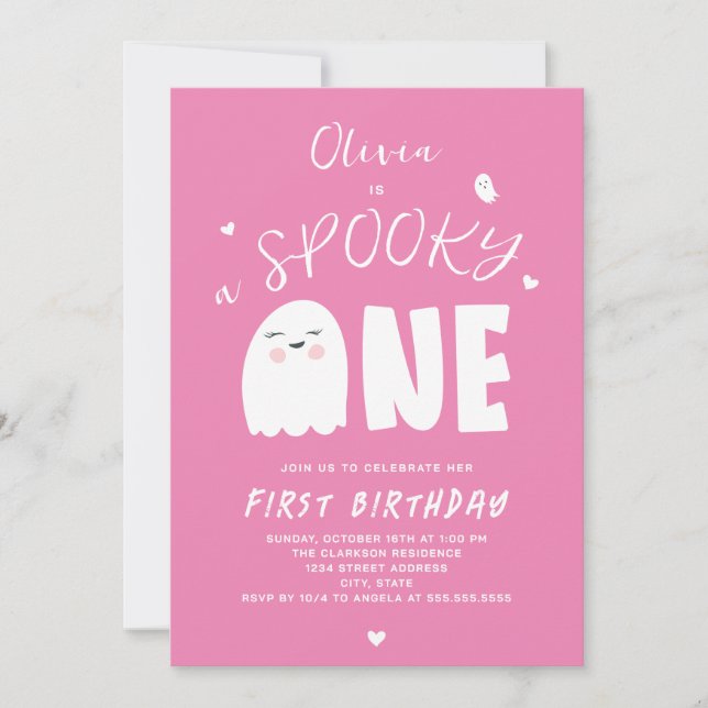 Invitation Éffrayant One Girls Pink Ghost Halloween 1er anniv (Devant)