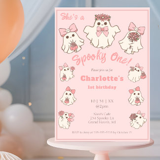 Invitation Éffrayant One mignonne rose Fantôme & Bows 1er ann