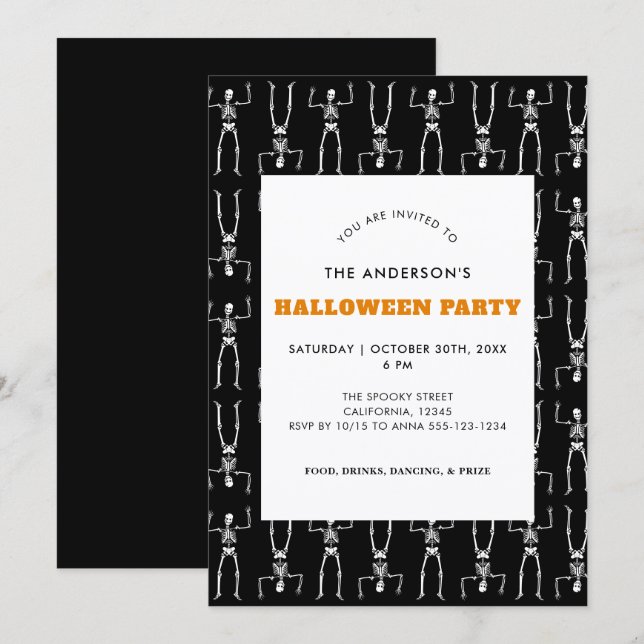 Invitation Éffrayant Skeleton Motif Black Halloween Party (Devant / Derrière)