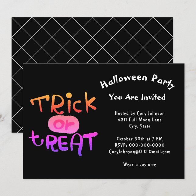 Invitation Éffrayant Trick ou Treat Black White Halloween Par (Devant / Derrière)