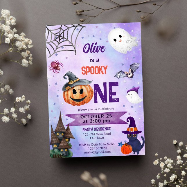 Invitation Éffrayant une fête d'anniversaire d'Halloween modè (Spooky one Halloween girls birthday party template invitation cute ghost pumpkin black cat bat)