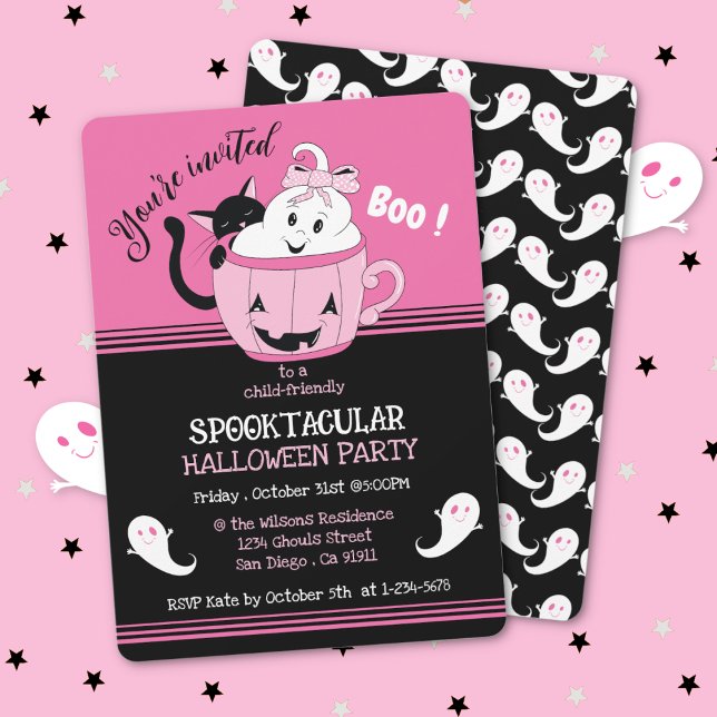 Invitation éffrayante Cute Kids Pink Black Hallowe (Spooky cute pink and black ghost theme kid-friendly Halloween party invitation .)