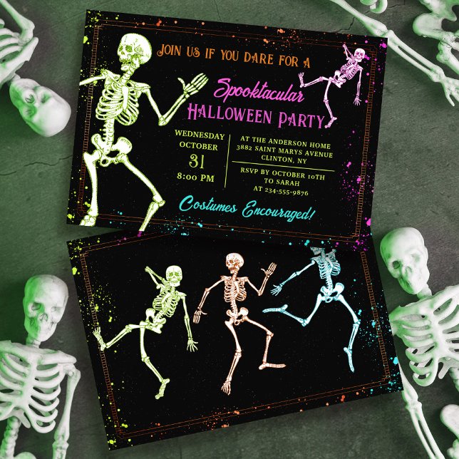 Invitation Éffrayante Dancing Skeleton Black Halloween Party (Créateur téléchargé)