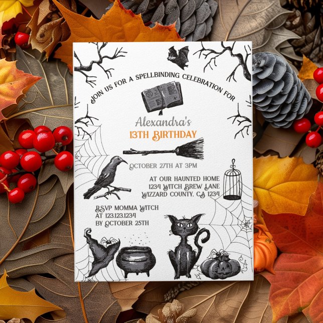 Invitation Éffrayante Eclosion Halloween fête d'anniversaire (Spooky Kids Halloween Party Invitation. Creepy Bats, Webs, Black Cat, Cauldron, Black Raven, Pumpkin)