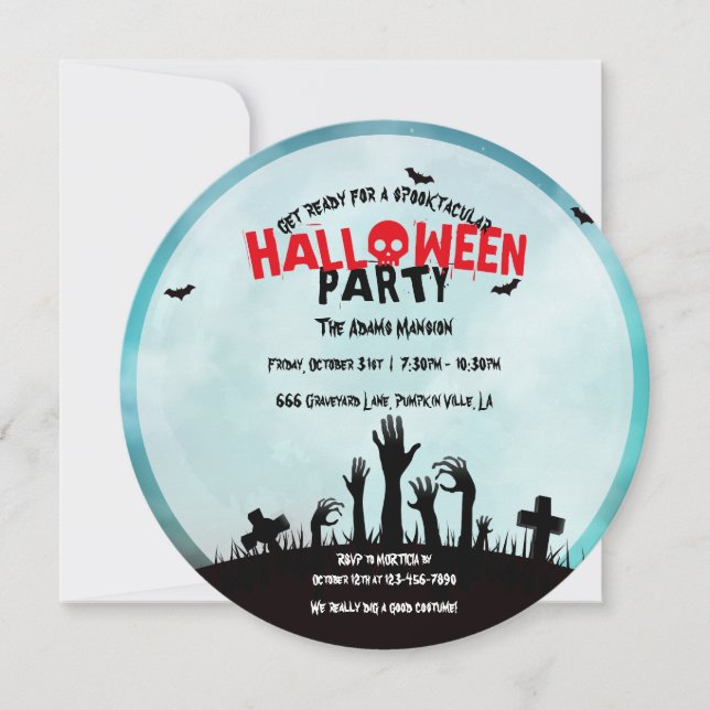 Invitation Éffrayante fête d'Halloween du cimetière Zombie (Devant)