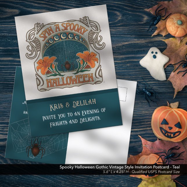 Invitation éffrayante Halloween gothique style Vin (Spooky Halloween Gothic Vintage Style Invitation Postcard - Shown in Teal, Front)