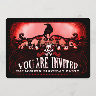 Invitation Éffrayante Red & Black Raven Halloween fête d'anni
