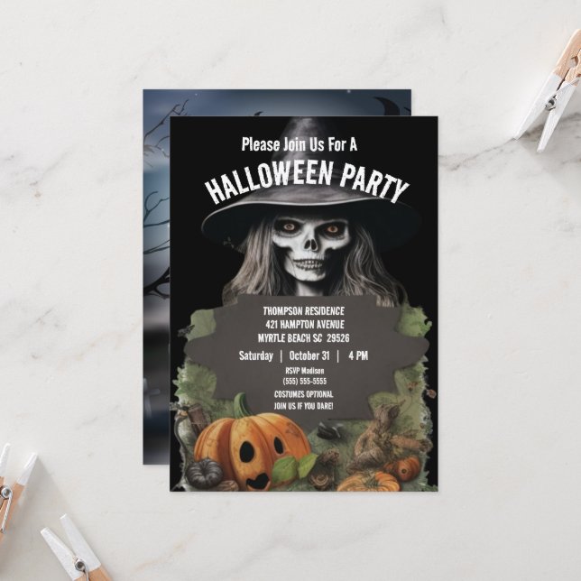 Invitation Éffrayante Skeleton Halloween (Devant/Arrière en situation)