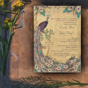 Invitation Eggplant Aqua Peacock Vintage 3 Plumes