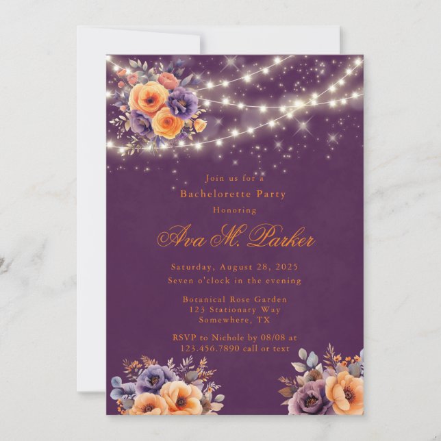 Invitation Éggplant Orange Floral Lumières Bachelorette (Devant)