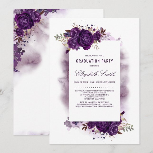 Invitation Eggplant Purple Floral Aquarelle Partie de Graduat (Devant / Derrière)