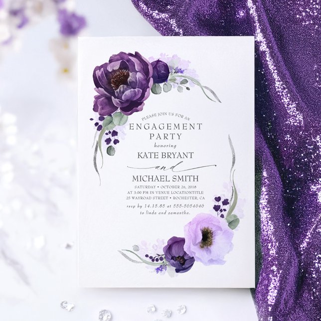 Invitation Eggplant Purple Floral Élégant Partie d'engagement (Dark Purple Floral Engagement Party Invitations)