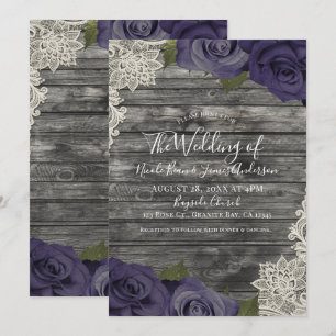 Invitation Eggplant violet Rose Russe Mariage dentelle en boi