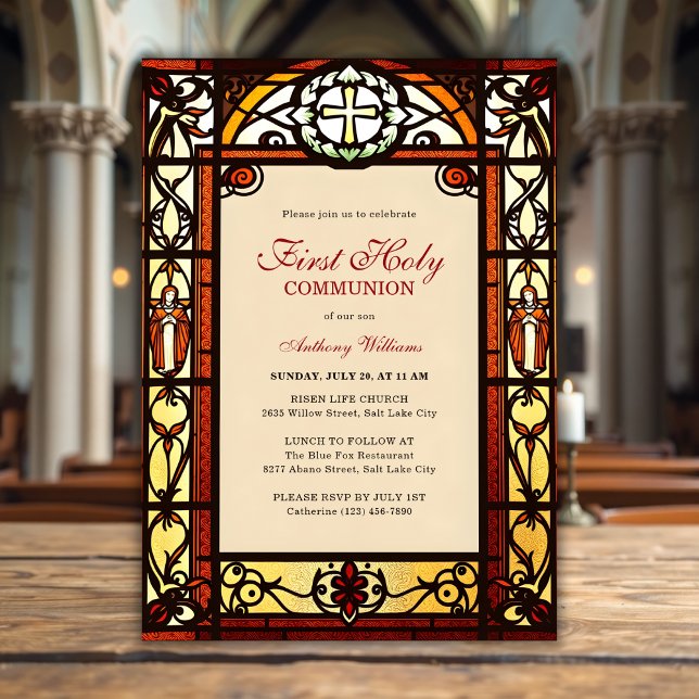 Invitation Eglise catholique de verre satiné première communi (Stained Glass Church Catholic First Holy Communion Invitation)