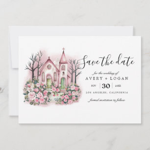Invitation église rose aquarelle florale save the date