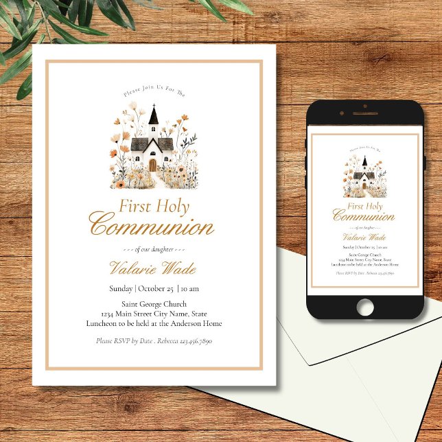 Invitation Église rustique Fleurs Jeunes Filles Sainte Commun (Créateur téléchargé)