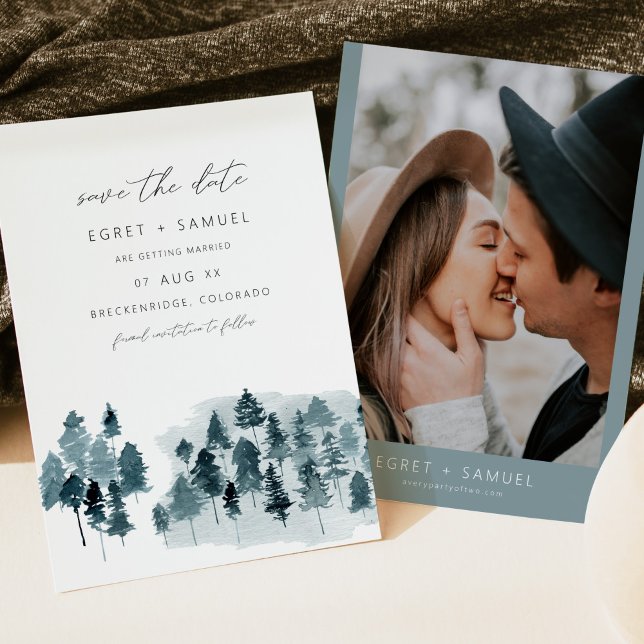 Invitation EGRET Ardoise bleu Aquarelle Pine Enregistrer la d (Créateur téléchargé)