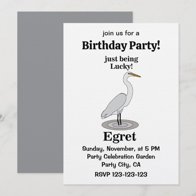 Invitation Egret Lucky Bird Birthday Party (Devant / Derrière)
