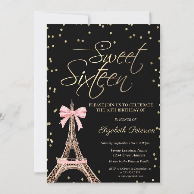 Invitation Eiffel Tower Bow Gold Diamonds Black Sweet 16  (Devant)