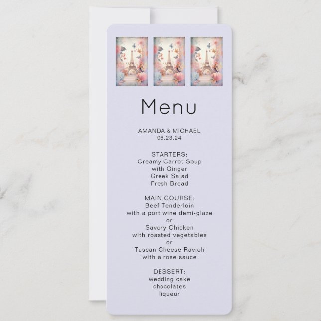 Invitation  Eiffel Tower Butterflies and Flowers Menu (Devant)