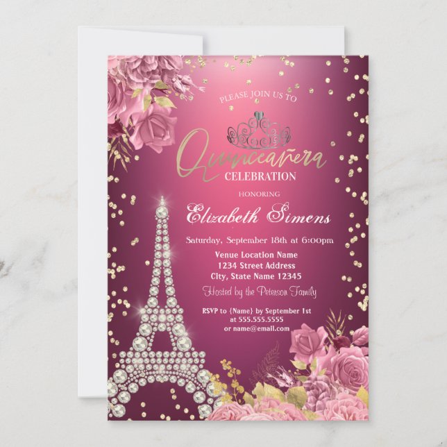 Invitation Eiffel Tower Diamonds Roses Red Quinceanera (Devant)