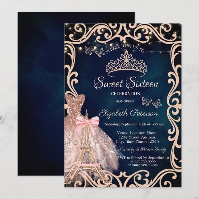 Invitation Eiffel Tower Frame Dress Glitter Butterfly Blue (Devant / Derrière)