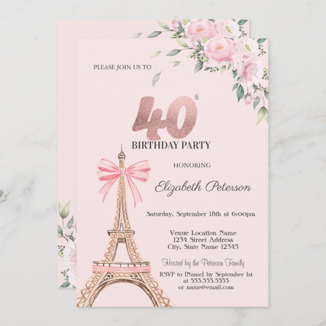 Invitation Eiffel Tower Pink Bow Flowers 40th Birthday (Devant / Derrière)