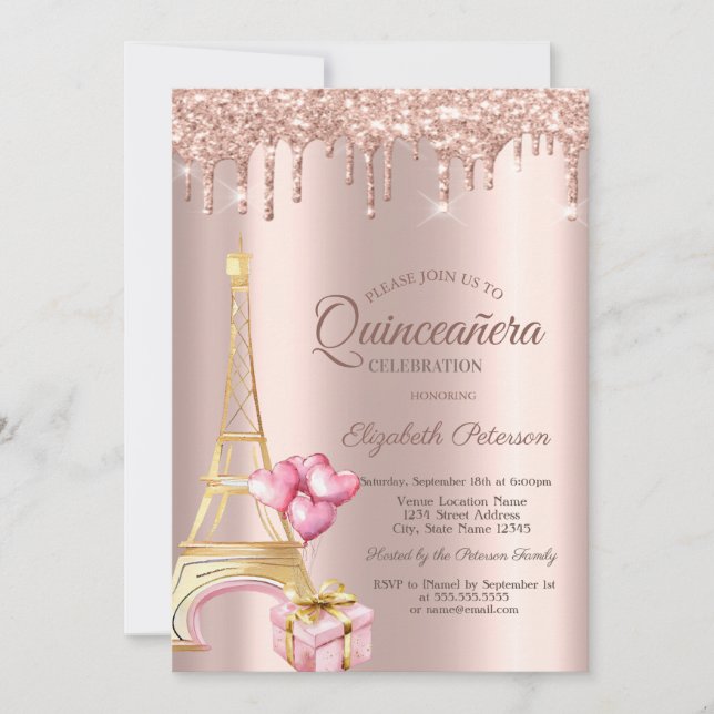 Invitation Eiffel Tower Present Balloons Rose Gold Drips  (Devant)