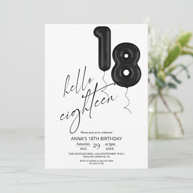 Invitation Eighteen Minimal Modern Black White 18th Birthday  (Debout devant)