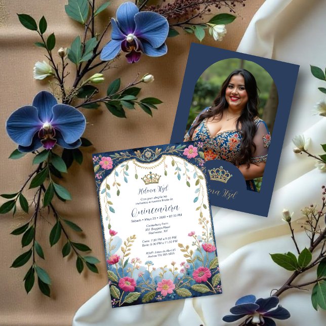 Invitation Einladung (Blue Spanish Mexican Inspired Floral Border Embroidery Style Quinceañera Invitation Cards.)