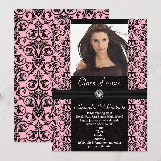 Invitation Elaborer le rose clair avec le noir Damask Graduat (Devant / Derrière)