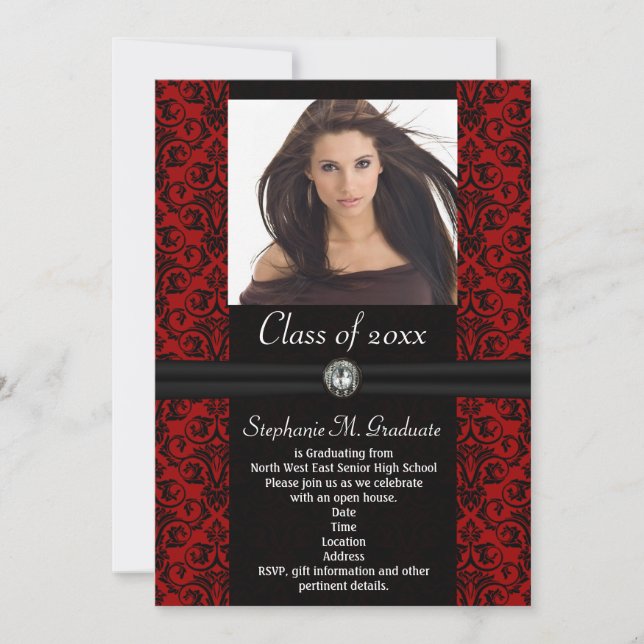 Invitation Elaborer noir foncé noir Damas Graduation (Devant)