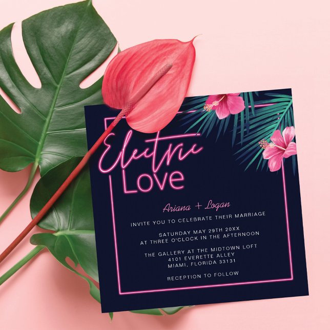 Invitation Electric Love Neon rose Tropical Mariage rétro (Electric Love Neon Pink Tropical Retro Wedding Invitation)