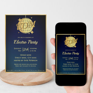 Invitation Electro EDM à thème or disco bal