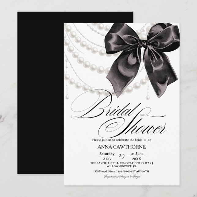 Invitation  Elegance Black Bow Pearls Bridal Shower Acrylic (Devant / Derrière)