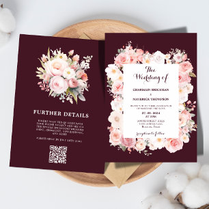Invitation Elegance Bourgogne Floral rose Qr Code Mariage